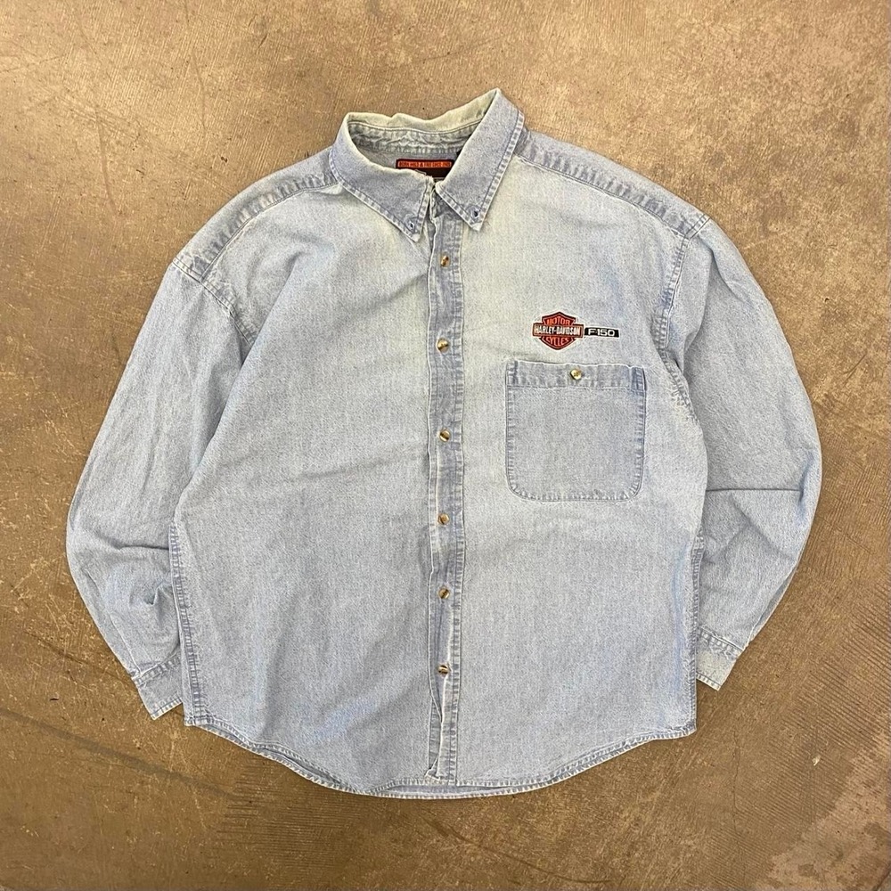 Vintage Harley Davidson F-150 Denim Polo Button Down 90s Longsleeve Shirt XL